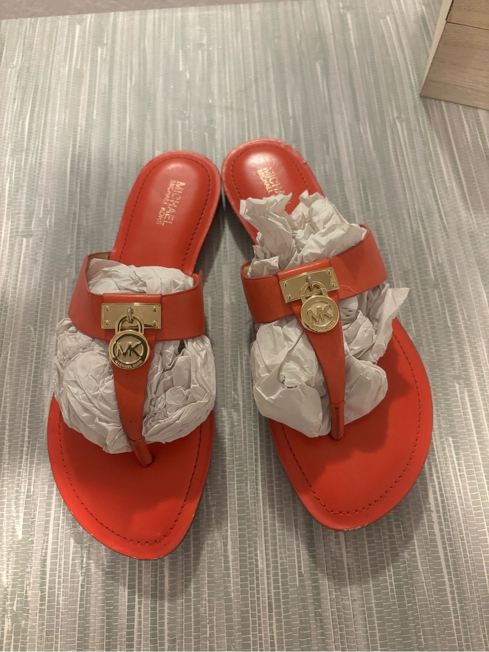 Michael Kors Orange Leather MK Medallion Thong Sandals